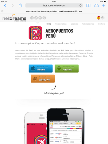 Aeropuertos Perú App web inicio - iPad